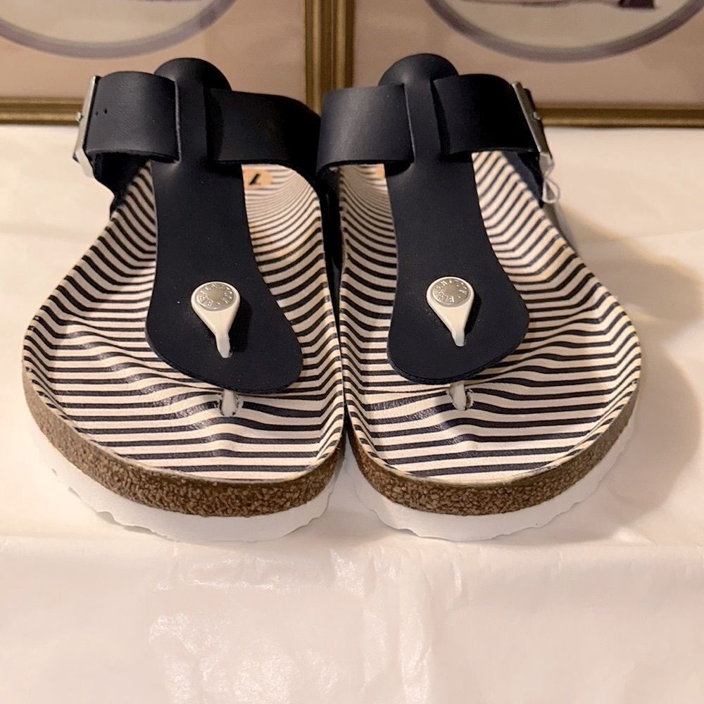 Birkenstock 11 Gizeh Nautical Stripes Navy White Thong Buckle Sandals - Picture 3 of 9